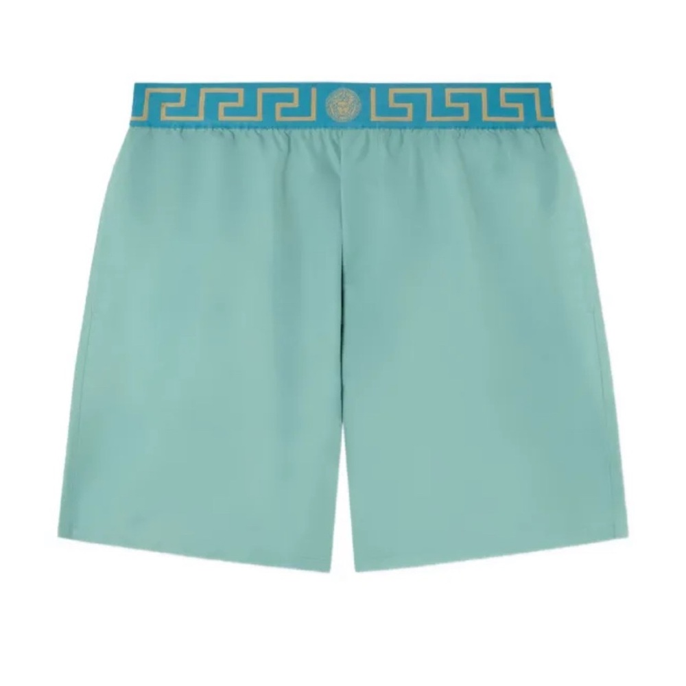 Versace Light Teal Swim Shorts with Gold Greca Waistband